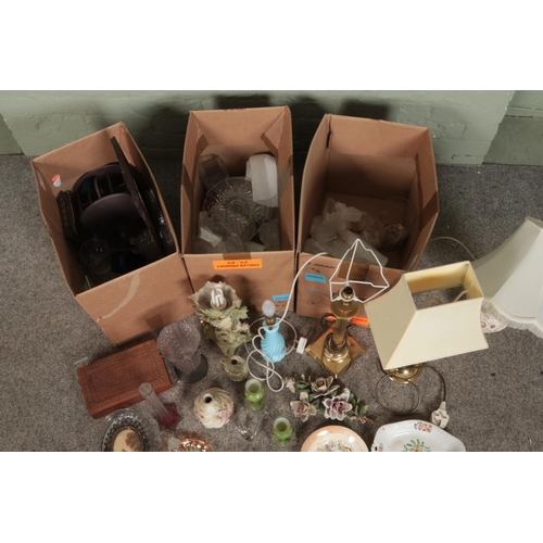 261 - Three boxes of mixed collectables including cut glass platters, trinket boxes and vases, brass table... 