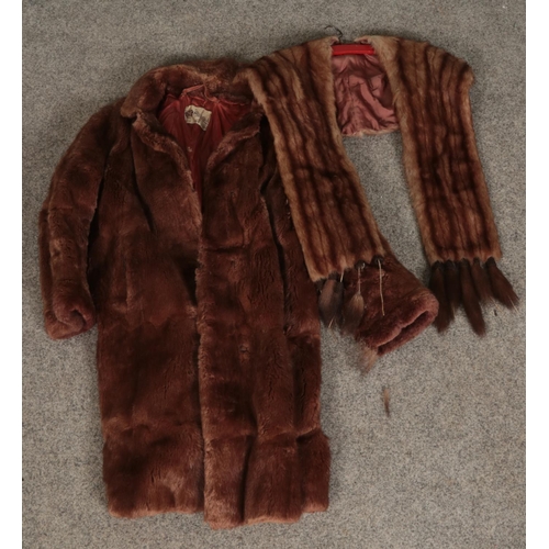 347 - A vintage fur coat by Marcus London, Edinburgh & Newcastle together with a fur shawl