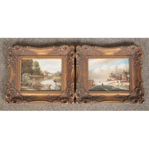 419 - Two gilt framed oil on board, one depicting a continental winter landscape signed Rush, the other a ... 