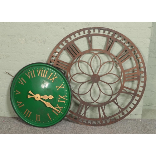 424 - A large green clock with larger outdoor garden clock face (no mechanism). Green clock diameter 63cm,... 