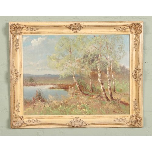 425 - Peter Cox 1912-1985, oil on board depicting a marshland scene in gilt frame.

74x59cm