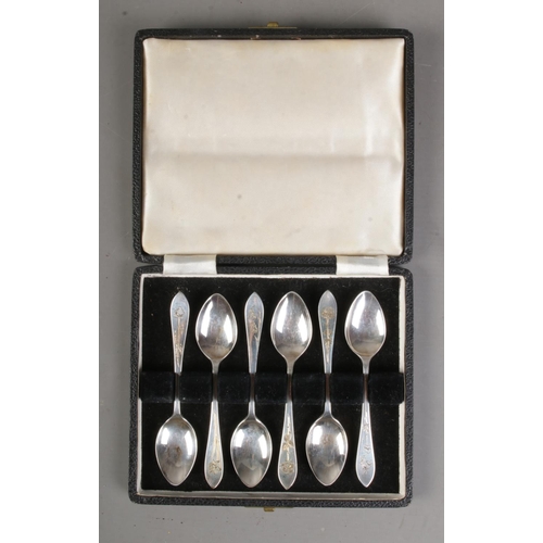 529 - A cased set of six silver demitasse spoons assayed Sheffield 1947 of H Hunt. 90.2g