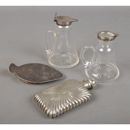 537 - A collection if silver and white metal including two glass jugs with silver rims and a white metal h... 