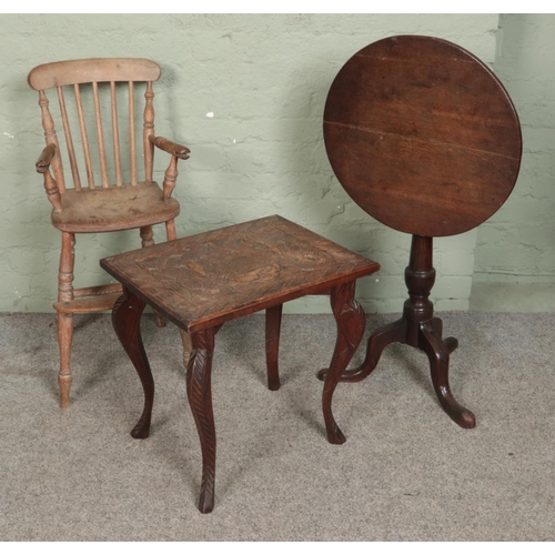 557 - A quantity of furniture to include child chair, oak fold over table and small carved side table.