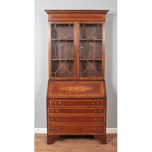 490 - An Edwardian mahogany bureau bookcase. With satinwood inlay and crossbanding. Height 208.5cm, Width ... 