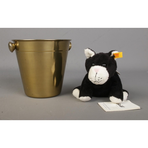 100 - A Steiff Original 'Koko' cat, 281402, in gold effect ice bucket.