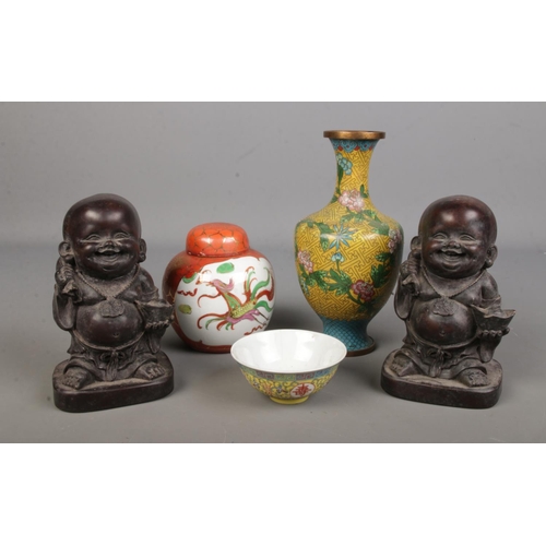 103 - A collection of oriental items including ginger jar, cloisonne vase, small dish and two composite bu... 