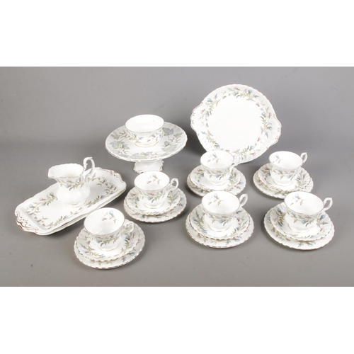 24 - A collection of Royal Albert Brigadoon tea wares to include pedestal cake stand, milk jug, sugar bow... 