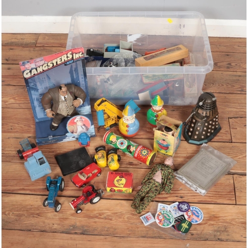 175 - A box of toys, including vintage examples. Mr Potato Head and Pals, Rolly Toys clown, clockwork Hump... 