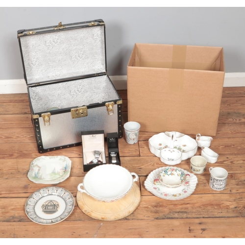 178 - Two boxes of miscellaneous to include Kings Watches, Royal Doulton, Aynsley, Wedgwood, crested ware,... 