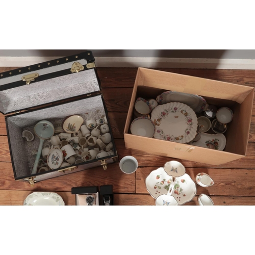 178 - Two boxes of miscellaneous to include Kings Watches, Royal Doulton, Aynsley, Wedgwood, crested ware,... 