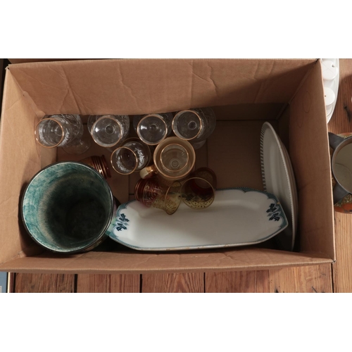 185 - Two boxes of miscellaneous. Includes Laura Ashley Chinese Silk platter, Gouda Gerla vase, framed pri... 