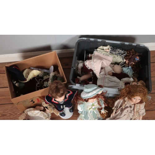 198 - Two boxes of assorted porcelain dolls, mainly of Leonardo Collection examples.