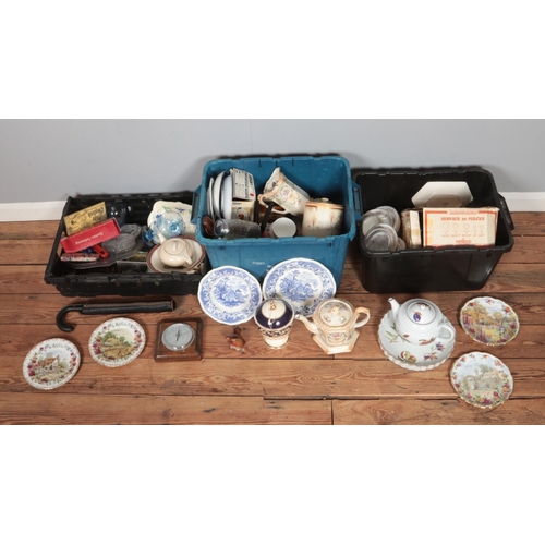 202 - Three boxes of assorted miscellaneous items, to include Royal Albert Old Country Roses, Wedgwood Cor... 