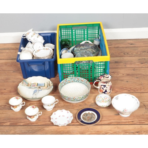 223 - Two boxes of assorted ceramics and glassware to include Royal Albert Old Country Roses, Royal Dolton... 