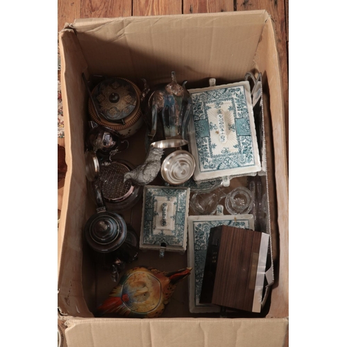 250 - A box of miscellaneous to include Hornsea fauna, silver plate, copper teapot, white metal pheasant, ... 