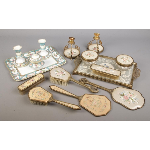 34 - A quantity of dressing table items. Includes Noritake and embroided examples.