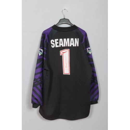 58 - Signed David Seaman black and purple number 1 Arsenal goalkeeping shirt (size XXL) from the 1995-96 ... 