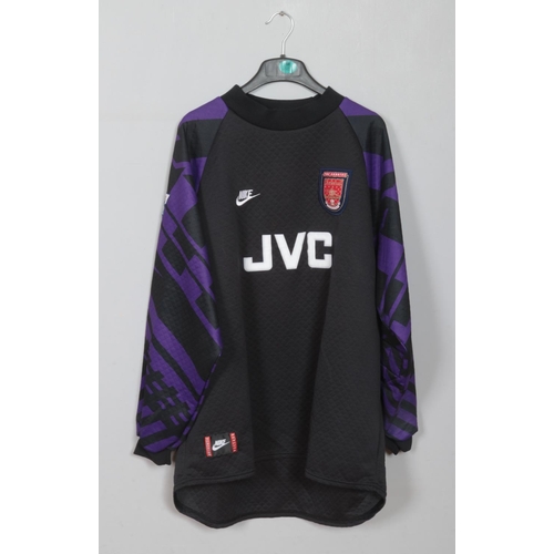 58 - Signed David Seaman black and purple number 1 Arsenal goalkeeping shirt (size XXL) from the 1995-96 ... 