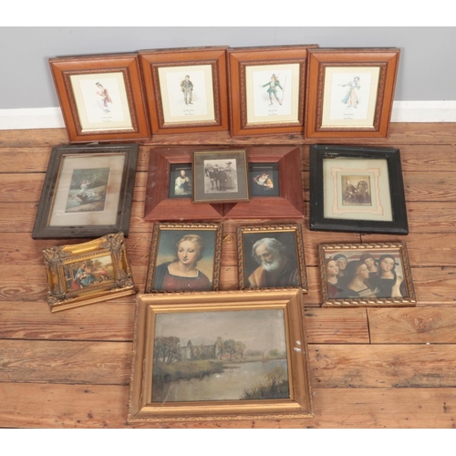 368 - A collection of artworks, pictures and prints inlcuding unsigned oil on board, Charles Dickens chara... 