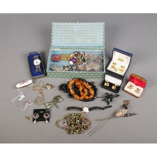 72 - A box of assorted costume jewellery. To include butterscotch amber beads, Mortima 17 Jewels necklace... 