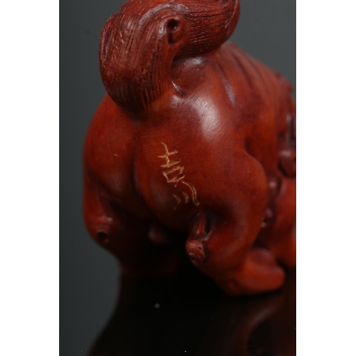 429 - A hand carved hardwood netsuke of Foo Dog/Baby Dragon. Signed.