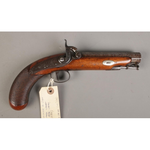 469 - A 19th Century Cocker of Glasgow percussion pistol, with 14cm octagonal barrel with 15mm hole, engra... 