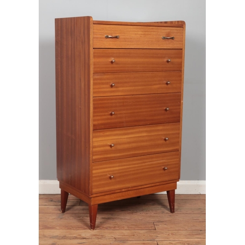 479 - A vintage teak Austinsuite tallboy chest of six drawers. Height: 115cm, Width: 64cm, Depth: 40cm.