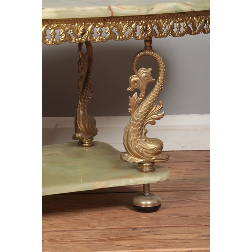 481 - A brass and onyx two tier coffee table, with dolphin supports. Height: 45cm, Width: 117cm, Depth: 50... 