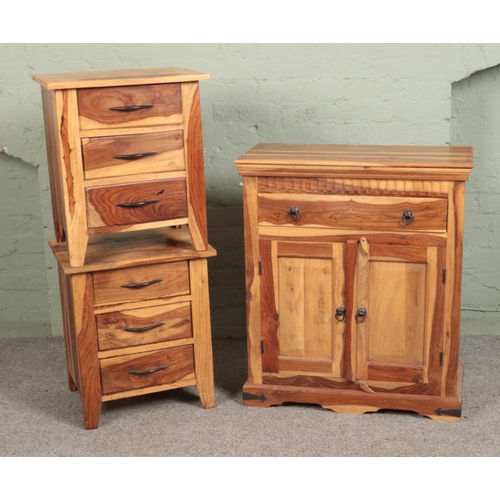 529 - A collection of exotic hardwood furniture to include side board and two small bedside drawers. Appro... 