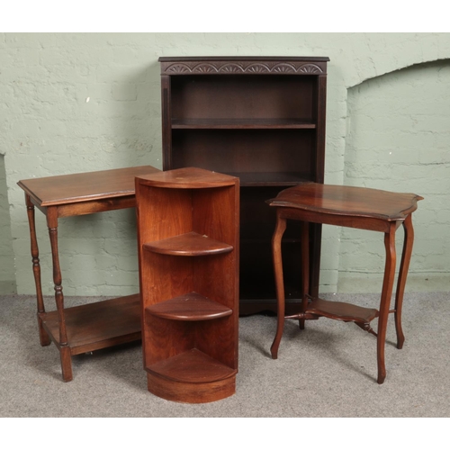 531 - Four pieces of assorted furniture, to include dark bookcase, corner shelving unit and window table w... 