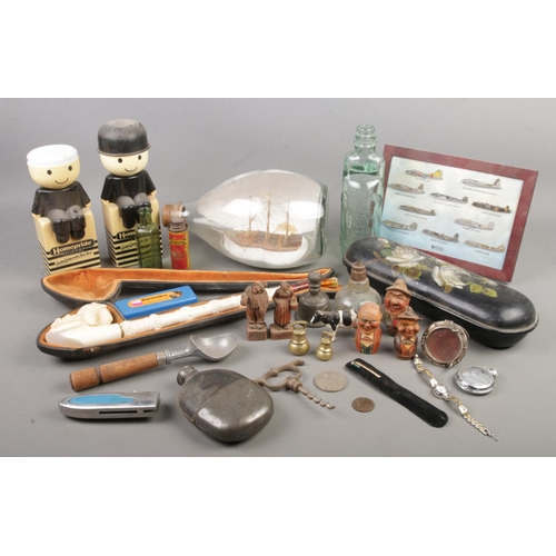 135 - A good quantity of collectables. Includes large cased Meerschaum pipe, papier mache box, ship in a b... 