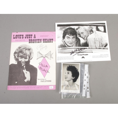 137 - A collection of signed ephemera to include monochrome Alma Cogan photocard, Dudley Moore Crazy Peopl... 