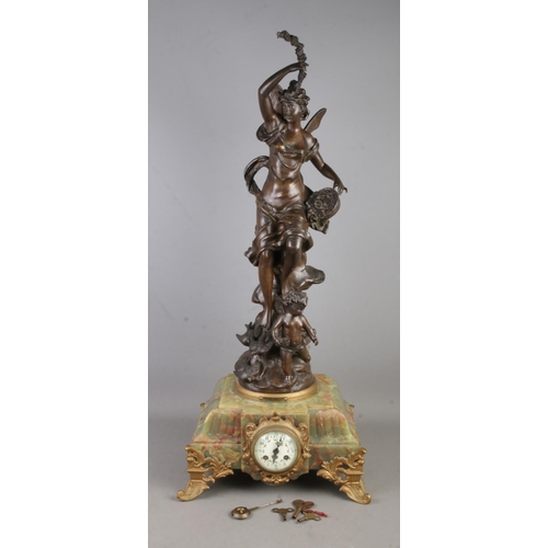 175 - A Rousseau spelter and marble clock titled 'Deveil De La Nature' depicting a young maiden with cheru... 