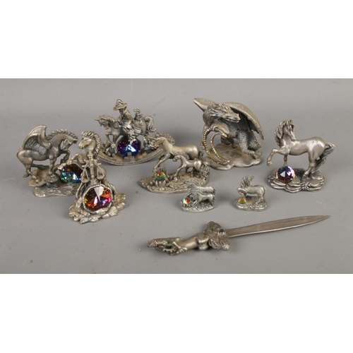 177 - A collection of pewter Myth and Magic miniature figures to include letter opener, Guardian of the Mo... 