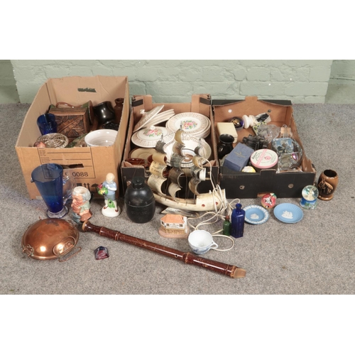 206 - Three boxes of miscellaneous to include Meissen tea cup, horn table lamp formed as a ship, paperweig... 