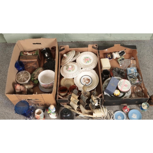 206 - Three boxes of miscellaneous to include Meissen tea cup, horn table lamp formed as a ship, paperweig... 