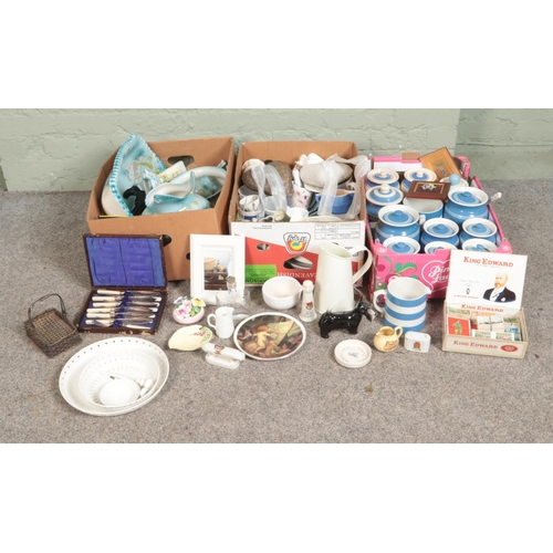 208 - Three boxes of miscellaneous ceramics to include Cornish Ware, Bretby, Carlton Ware, Crested Ware, c... 