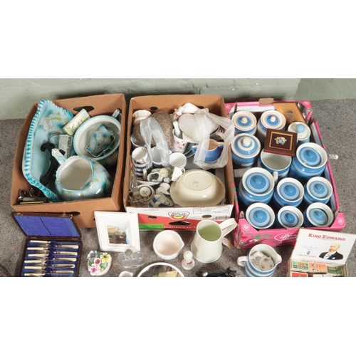 208 - Three boxes of miscellaneous ceramics to include Cornish Ware, Bretby, Carlton Ware, Crested Ware, c... 