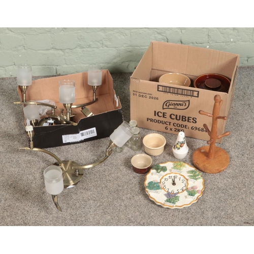 213 - Two boxes of miscellaneous to include pair of ceiling lights, ceramic ramekins, glass bottle, mug tr... 