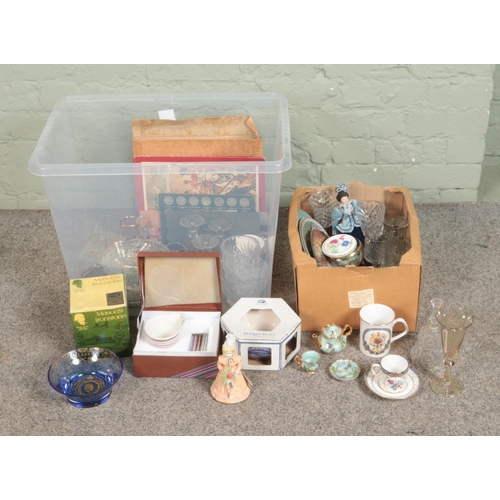 214 - A box of assorted ceramics, glassware and ephemera to include vintage postcards, Mason's, Ringtons, ... 