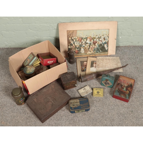 239 - A box of assorted vintage tins along with a small collection of British Royal Ephemera to include po... 