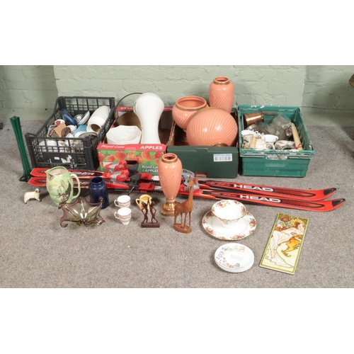 247 - Four boxes of miscellaneous. Includes Head skis, large decorative vases, Royal Albert Old Country Ro... 