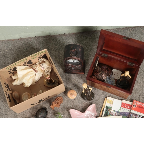 259 - Two box of assorted collectables to include small quantity of costume jewellery, ceramic figures, ca... 