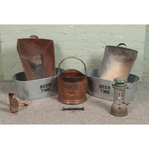 325 - A collection of assorted items, to include Willis Bates 'Vapalux' light, copper coal basket, two coa... 