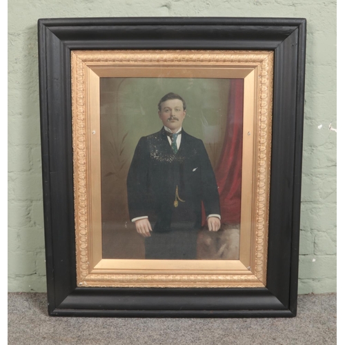 359 - A large framed oil on canvas, portrait of a suited gentleman. 53cm x 40cm.