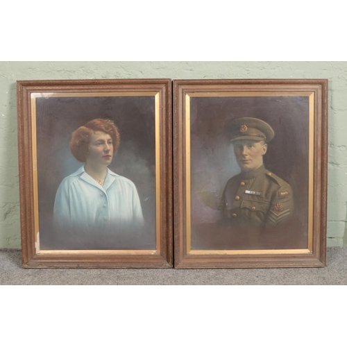 360 - A pair of large framed overpainted photographs, depicting a soldier and a maiden. 65cm x 51cm.