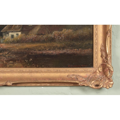 362 - E.T Coleman gilt framed oil on canvas depicting countryside cottage. Approx. dimensions including fr... 