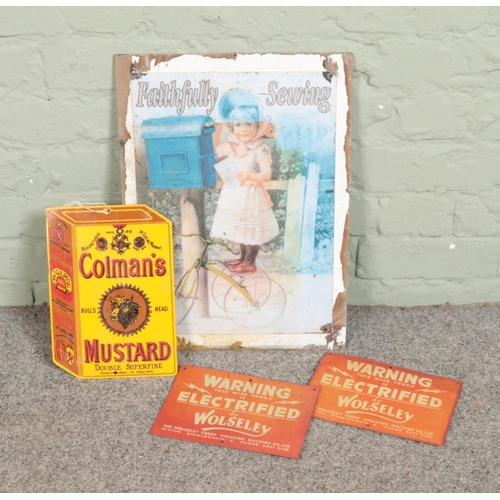 363 - Four enamel signs. Includes Colman's, Faithfully Sewing and two double sided Wolseley examples.