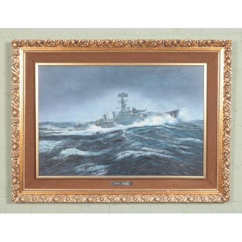 366 - Keith Sutton (Blackpool Artist 1924-1991); a framed oil on board seascape of HMS Gurkha. Titled and ... 